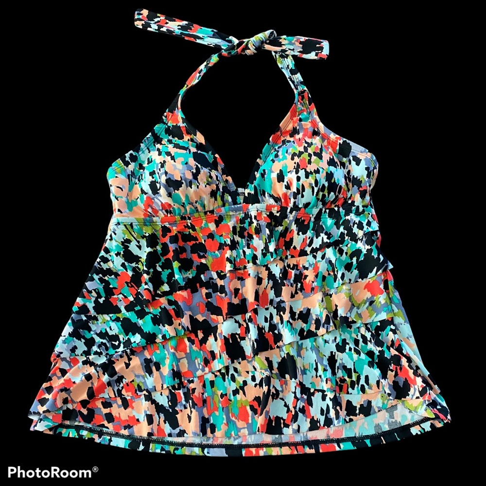 Aqua Green Ruffle Halter Tankini Top- Mosaic Print
